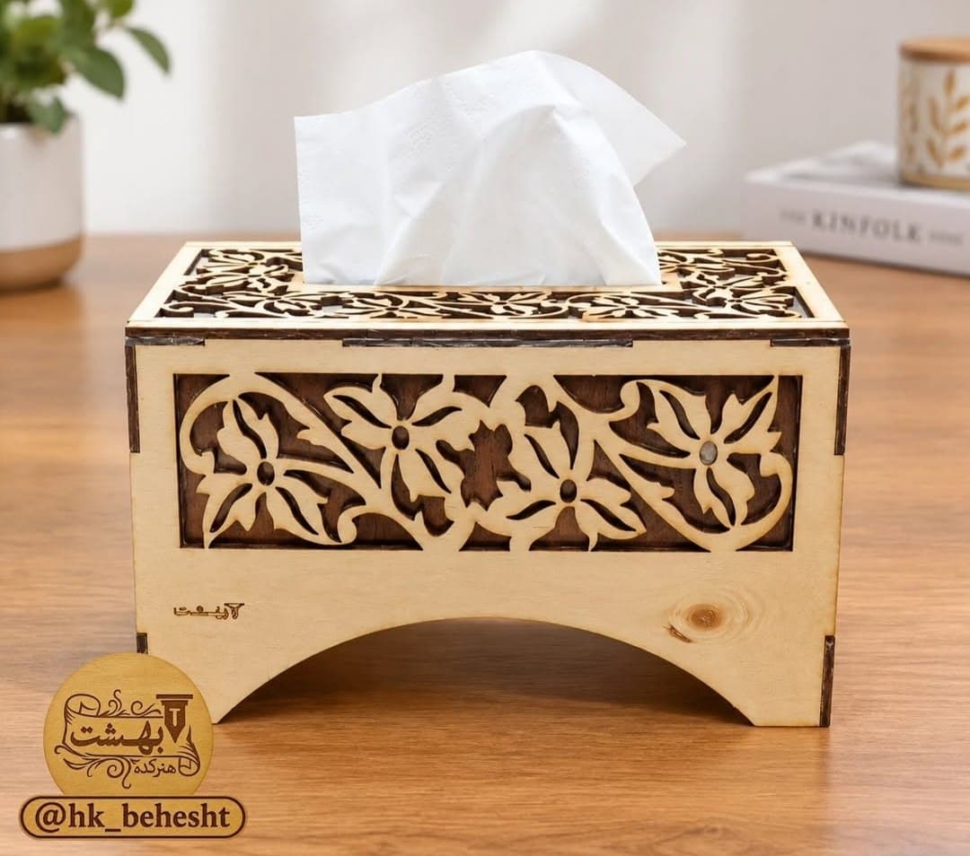 جعبه دستمال چوبی طرح گل ساخته هنرکده بهشت